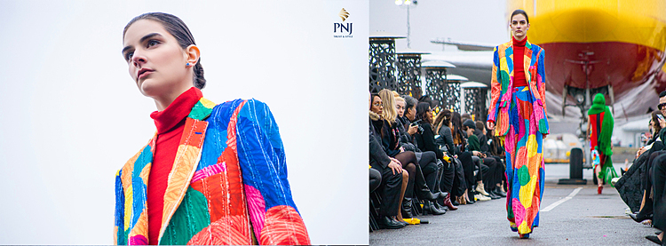 Trong show diễn này, bộ đôi Vungoc&Son còn chọn bông tai bạc đính đá xanh trong bộ sưu tập Cinderella của PNJ kết hợp với suit cá tính để làm tăng sức hút từ sắc màu của đá cao cấp và trang phục.